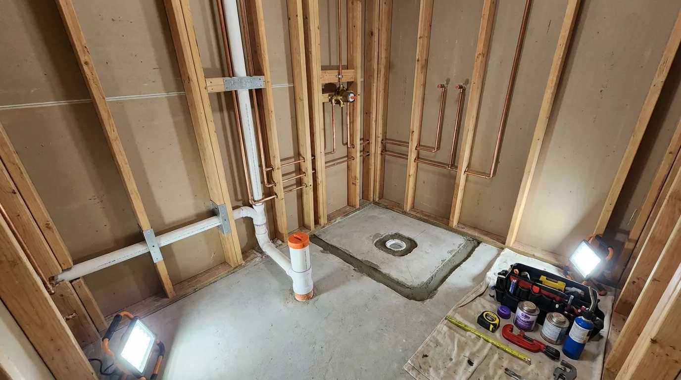 Bathroom rough-in plumbing during remodel by Johns Plumbing LLC in Torrington