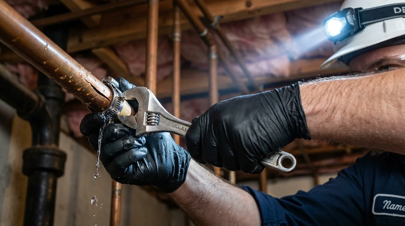 Emergency pipe clamp repair being performed by a Johns Plumbing LLC plumber in Torrington