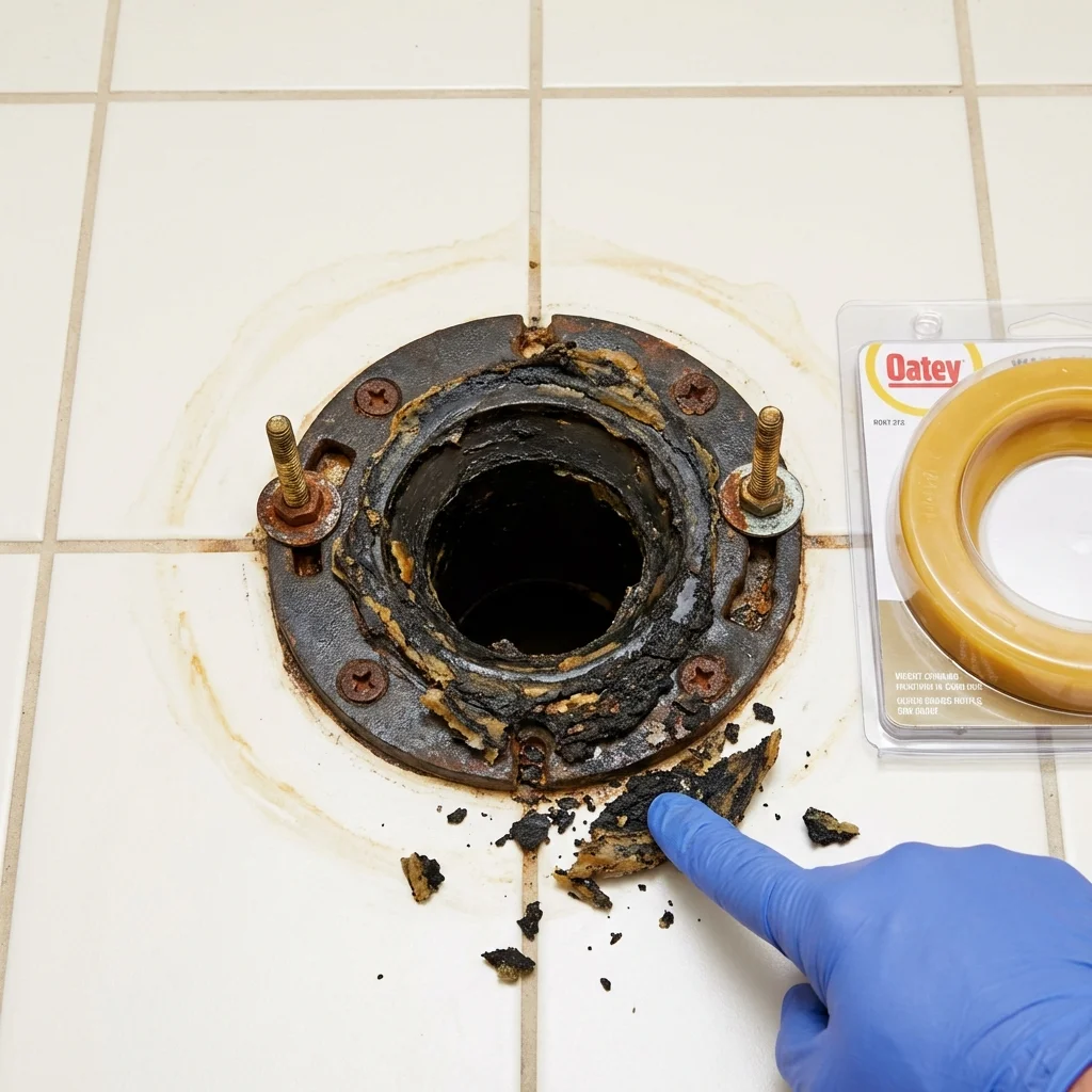Failed wax ring showing water seepage at the base of a toilet in a Torrington, WY home