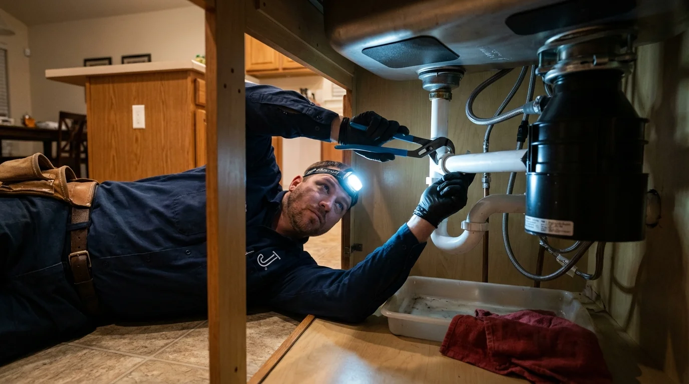 P-trap and supply line connections under a kitchen sink showing a common leak point in Torrington, WY